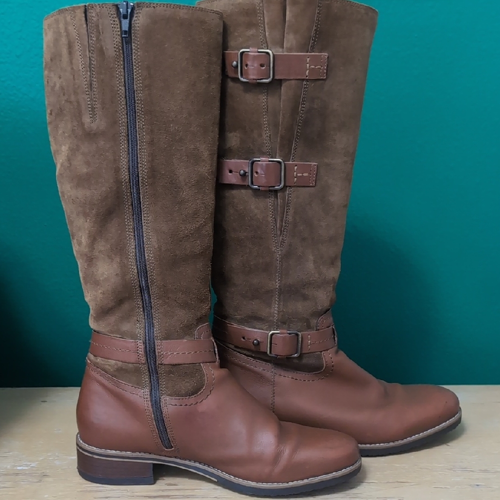 Clarks Brown Knee High Suede And Leather Tamro Marina Boots with Buckle Accents